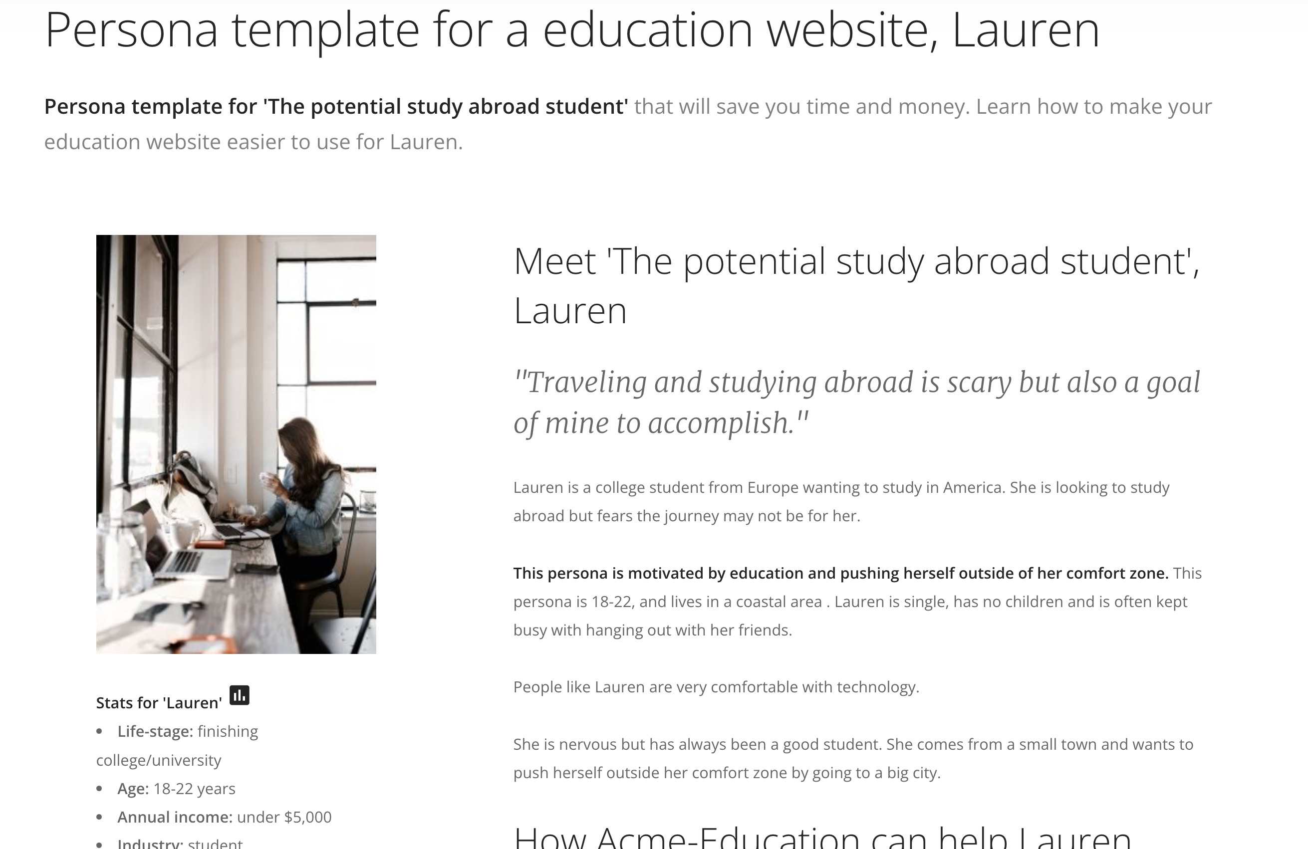 Persona template for a education website, Lauren
